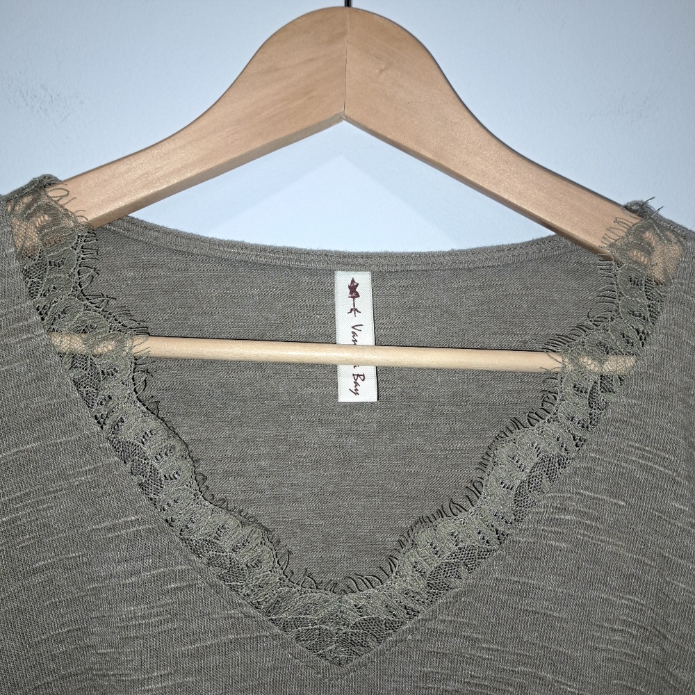 Vanilla Bay Olive Green Lace V-Neck Light Knit Boho Sweater Womens Small